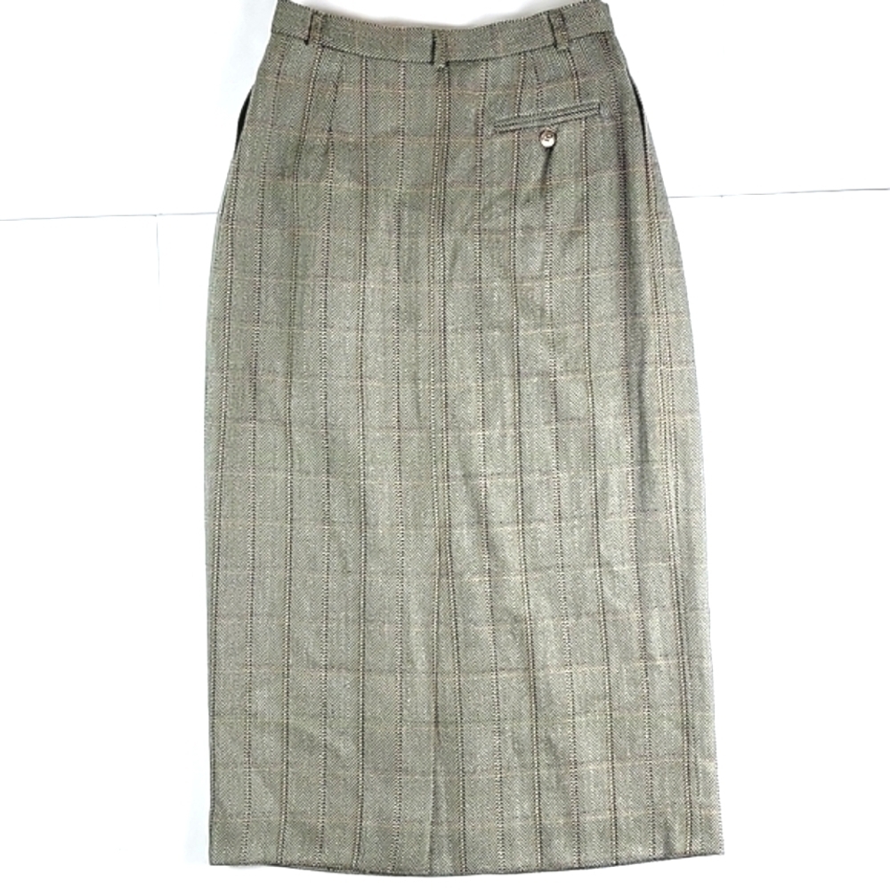 Vintage 80s Talbots Wool Blend Olive Green Plaid Tweed Pleated Pencil Midi Skirt - Picture 8 of 16